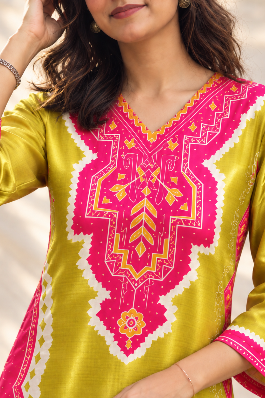 Green Modal Fabric Pink Bandhani Print Kurta Set with bottom