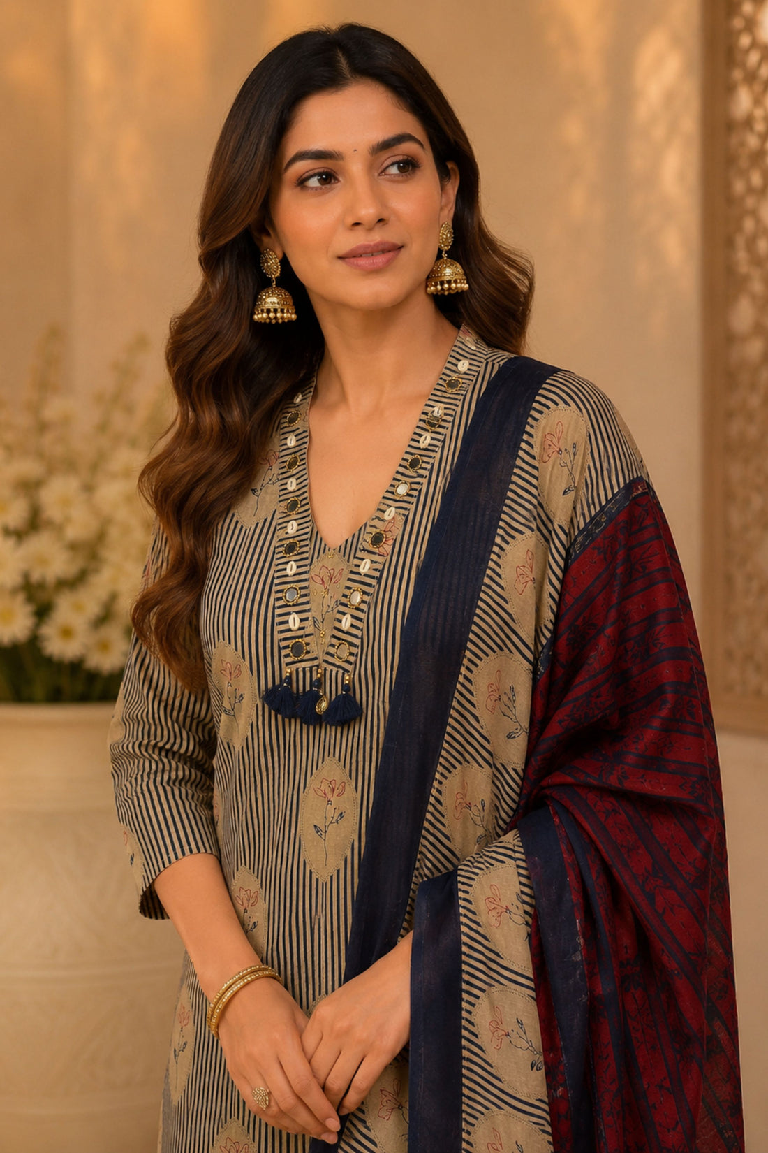 Women's Navy Blue Printed Kurta with Straight Pants