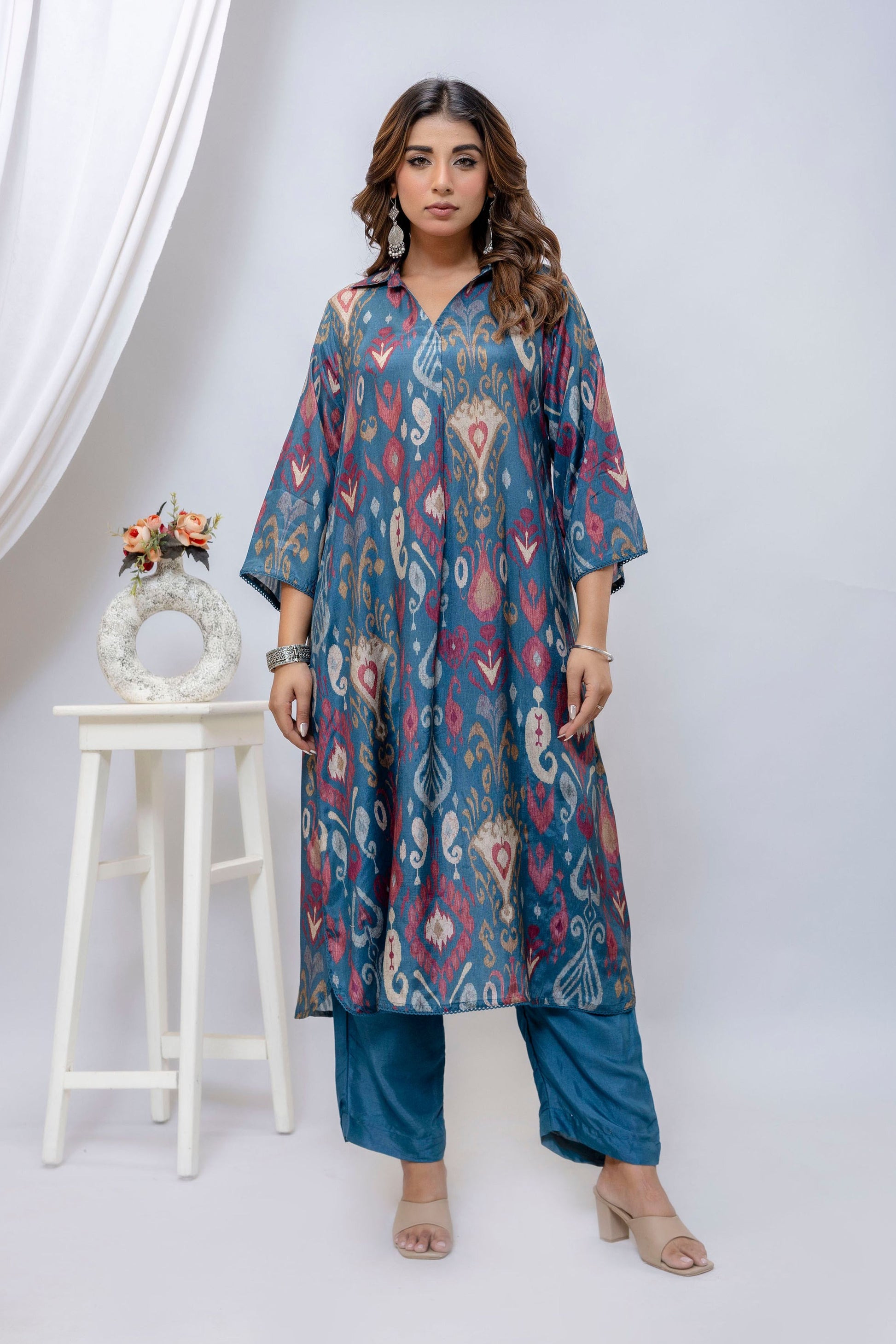 Tea Blue Printed Co-ord Set for women, featuring a relaxed fit top and matching trousers with a delicate blue floral print.