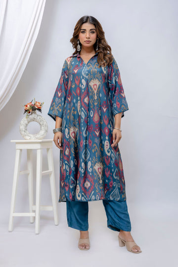 Tea Blue Printed Co-ord Set for women, featuring a relaxed fit top and matching trousers with a delicate blue floral print.
