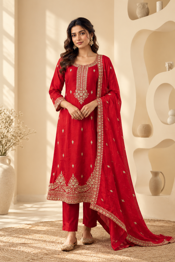 Red Chanderi Fabric Embroidered Kurta with Trousers & Dupatta