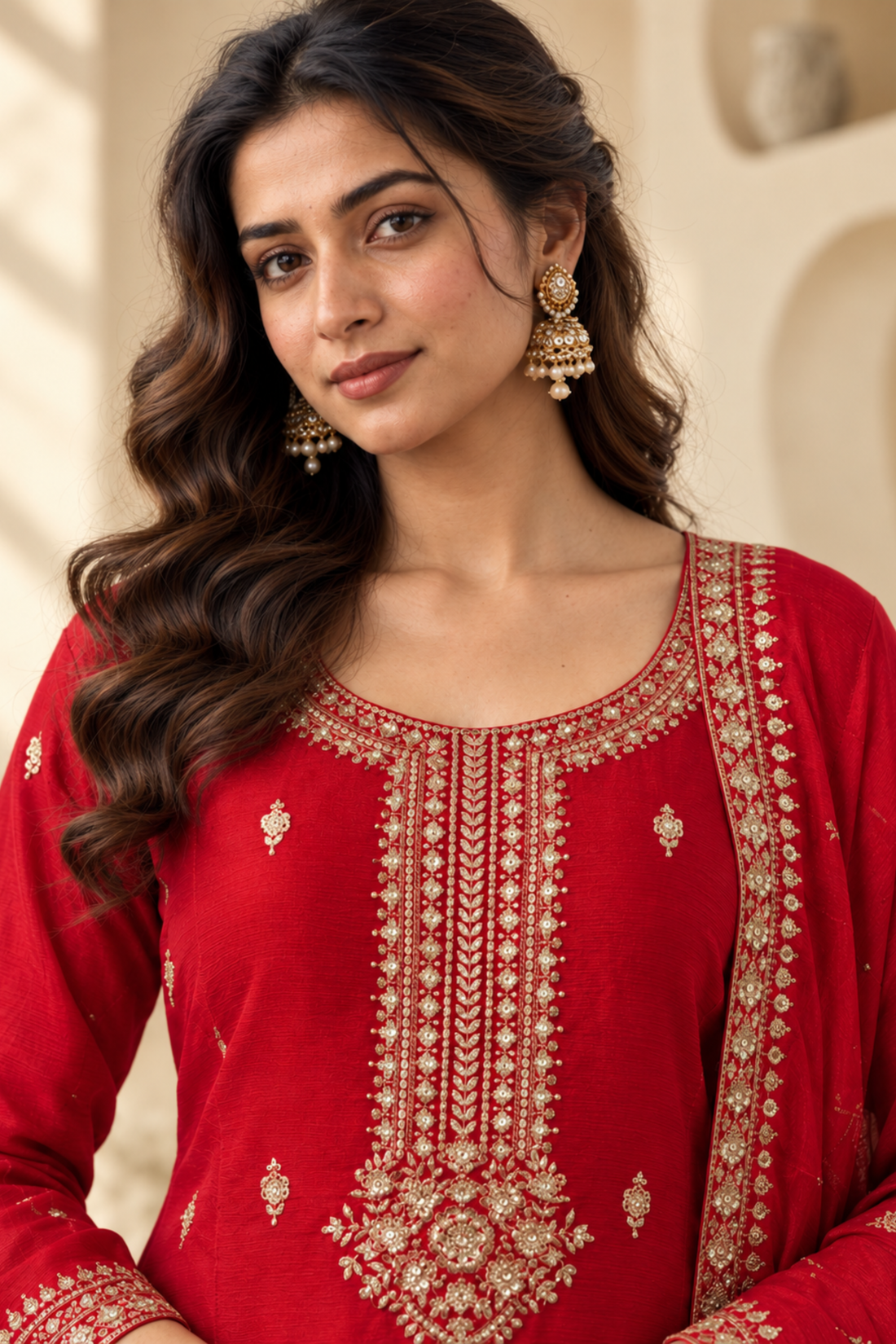 Red Chanderi Fabric Embroidered Kurta with Trousers & Dupatta