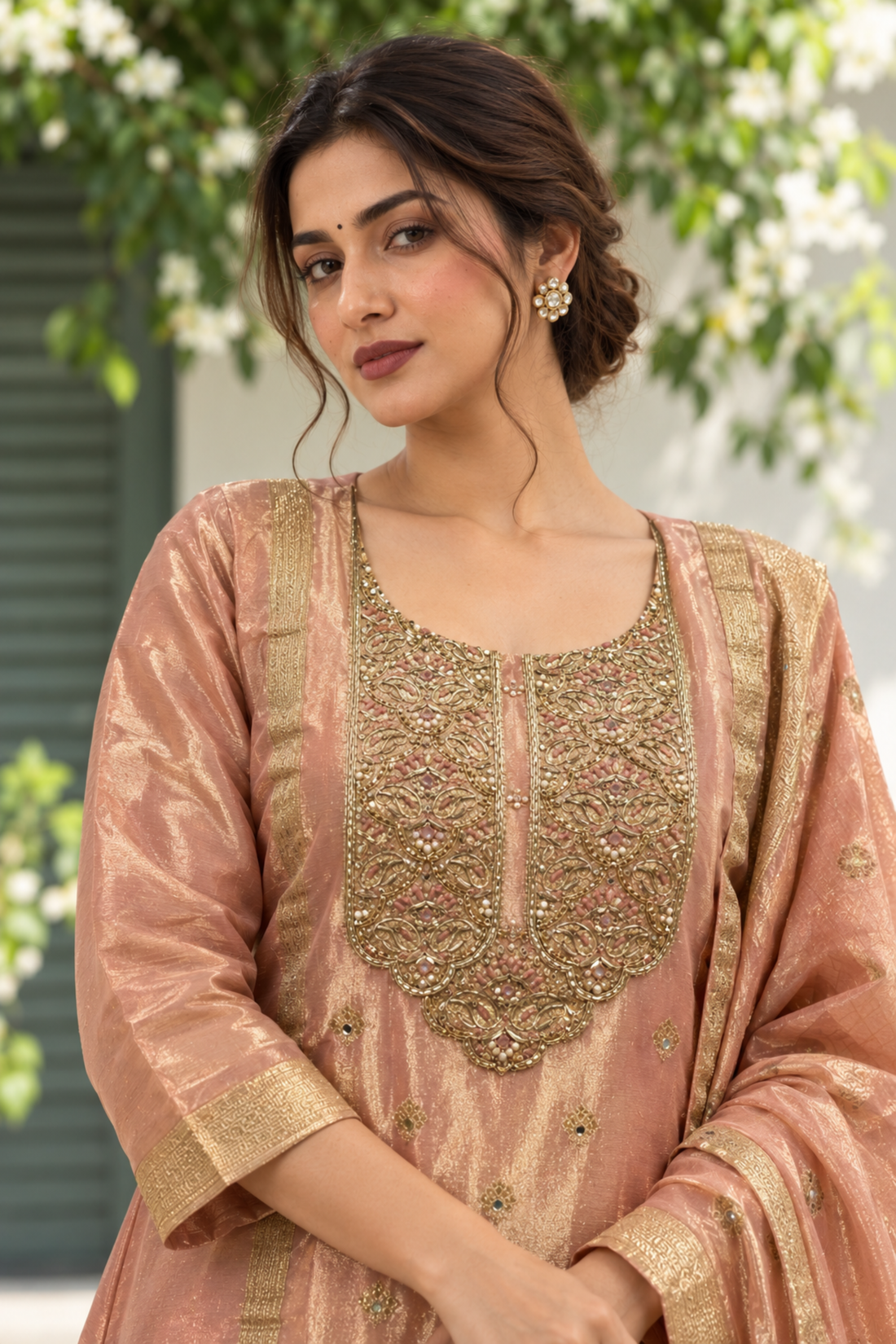 Pink with brocade fabric Floral Embroidered Regular Sequinned Tissue Kurta with Salwar & Dupatta