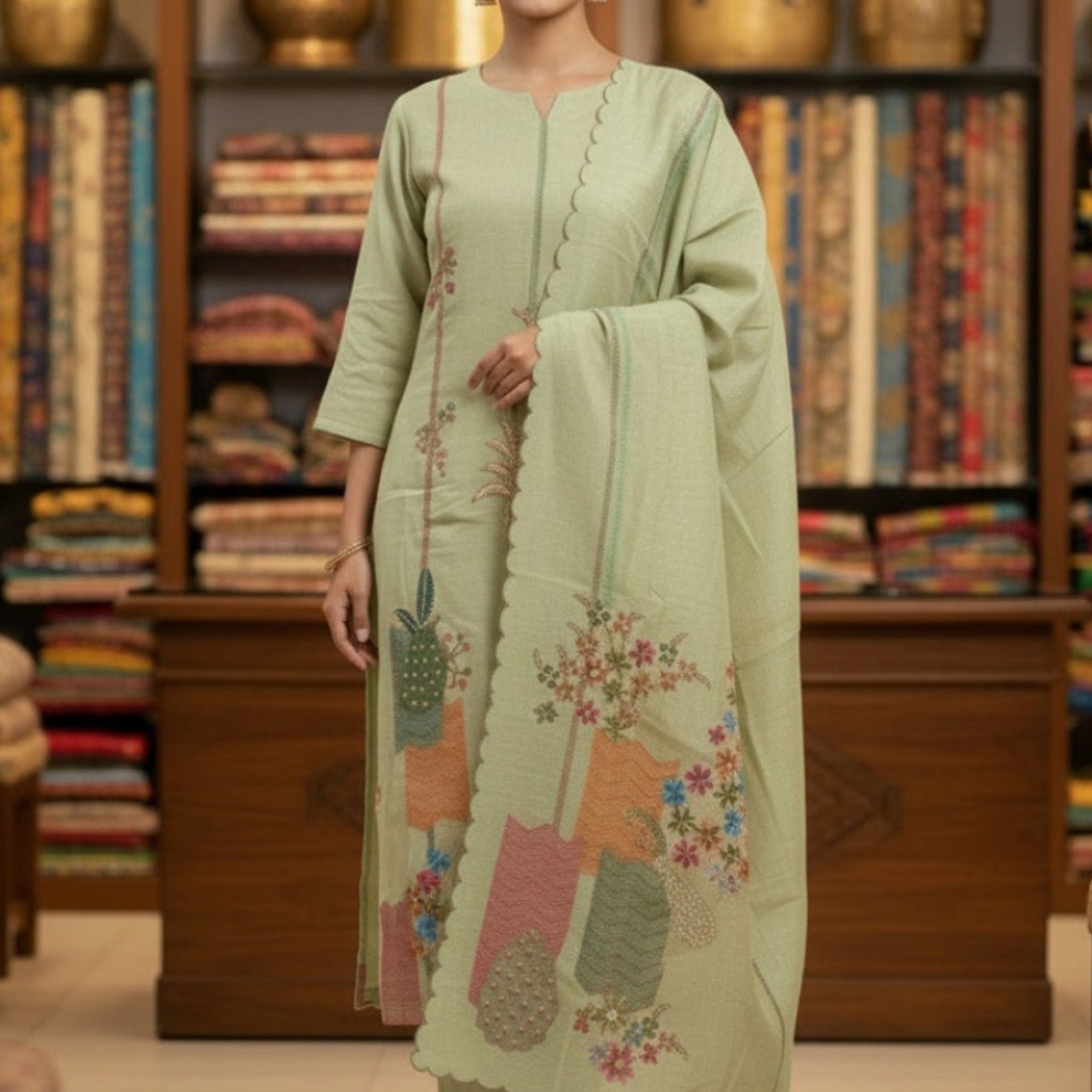Pista Green Kurta & Pants with Dupatta – Artisanal Embroidery