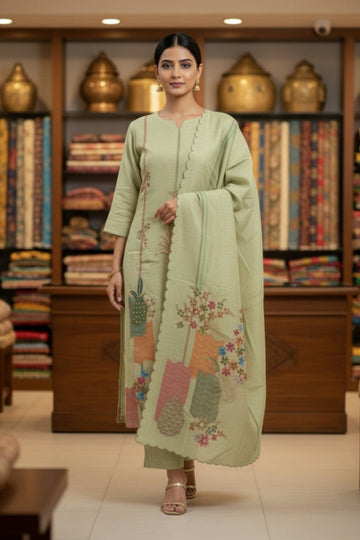 Pista Green Kurta & Pants with Dupatta – Artisanal Embroidery