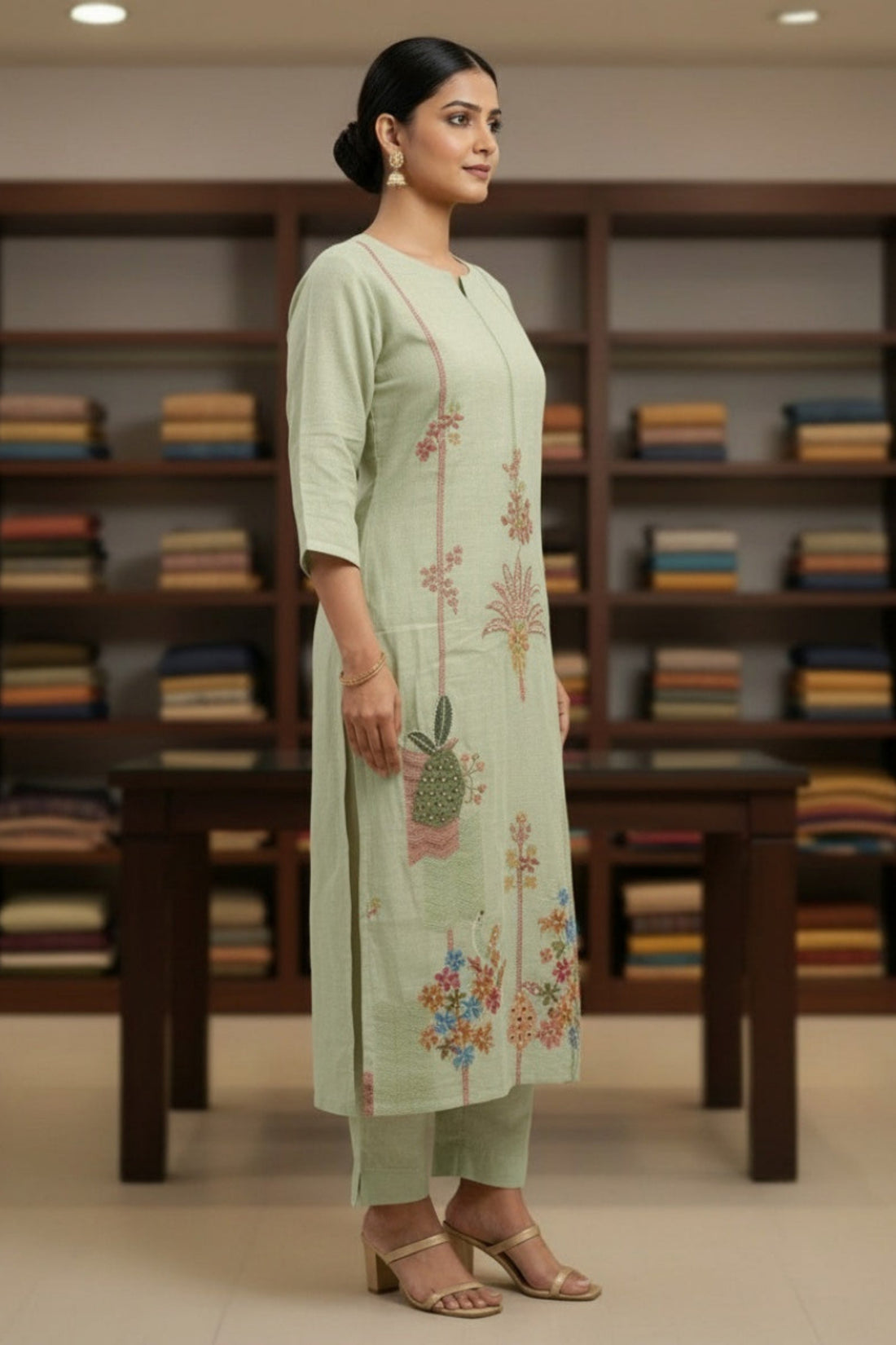 Pista Green Kurta & Pants with Dupatta – Artisanal Embroidery