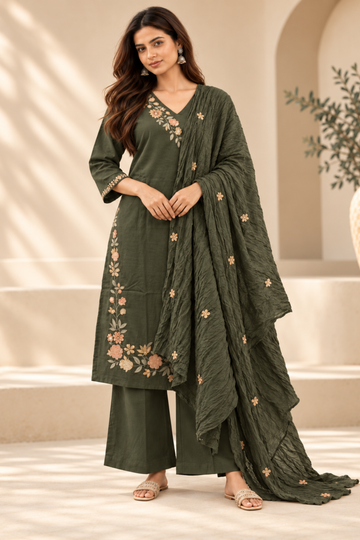 Green Cotton Flex Floral Embroidered V-Neck Straight Kurta Set with bottom Dupatta