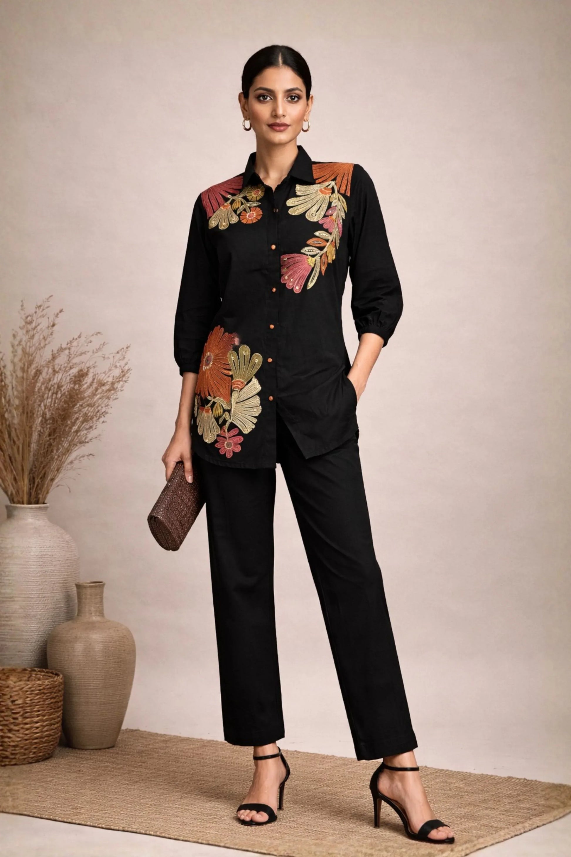 Black Embroidered Co-ord Set - Qurbat 