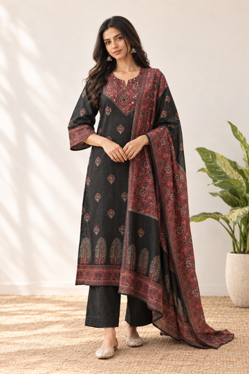 Black & Maroon with Modal Silk Blend fabric Ajrakh Printed Straight Kurta with Trousers & Dupatta