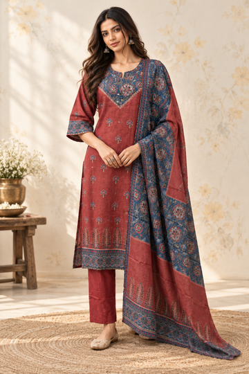 Maroon with Modal Silk Blend fabric Ajrakh Printed Straight Kurta with Trousers & Dupatta