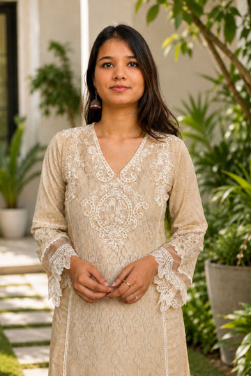 Women's Chiku Embroidered Lace Straight Kurta