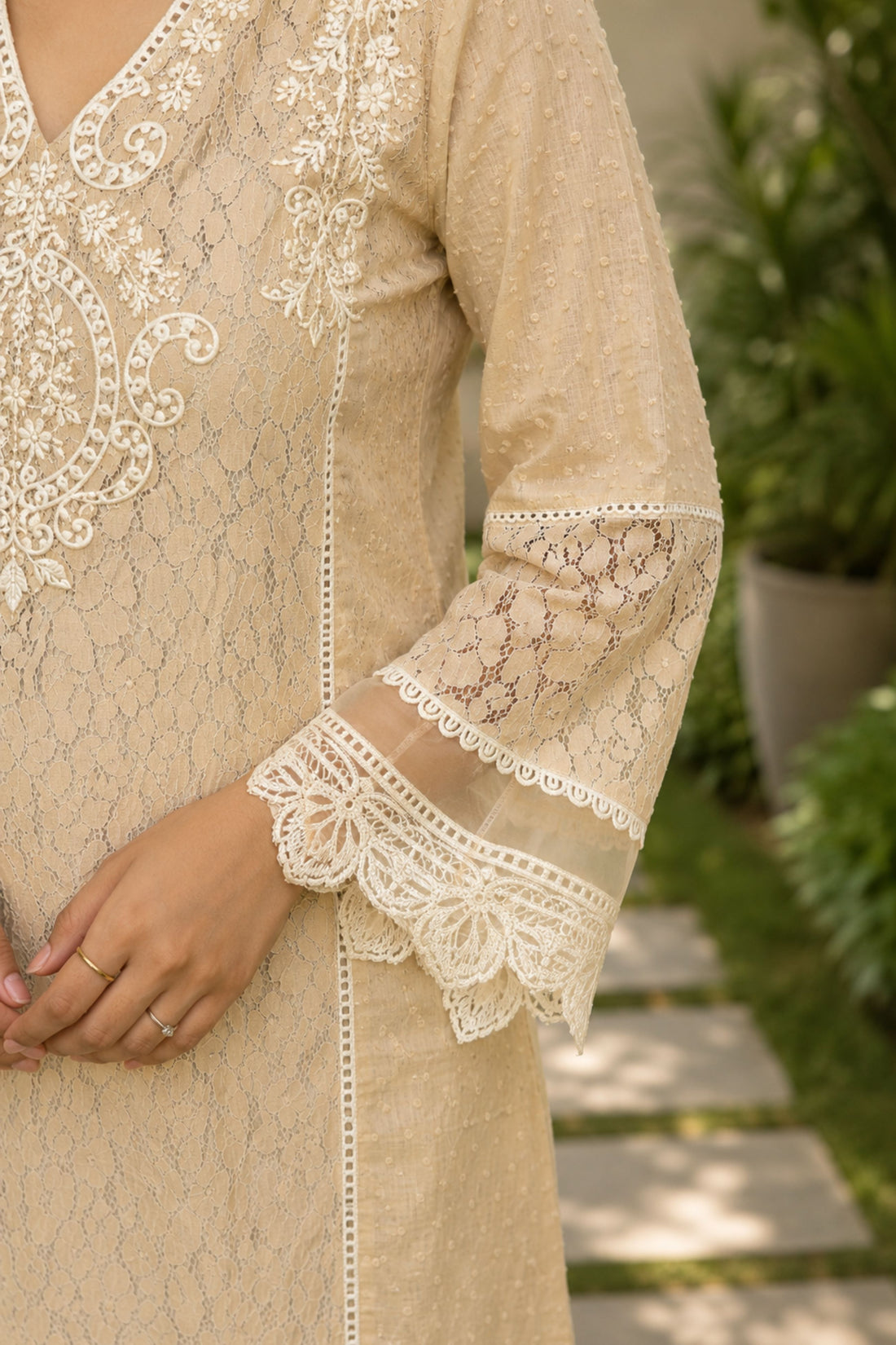 Women's Chiku Embroidered Lace Straight Kurta