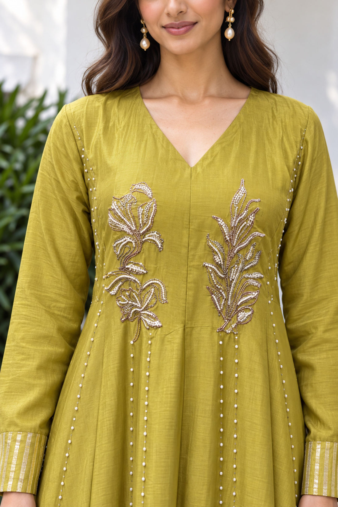 Green Muslin Fabric Embroidered Anarkali Kurta with Palazzo and Dupatta