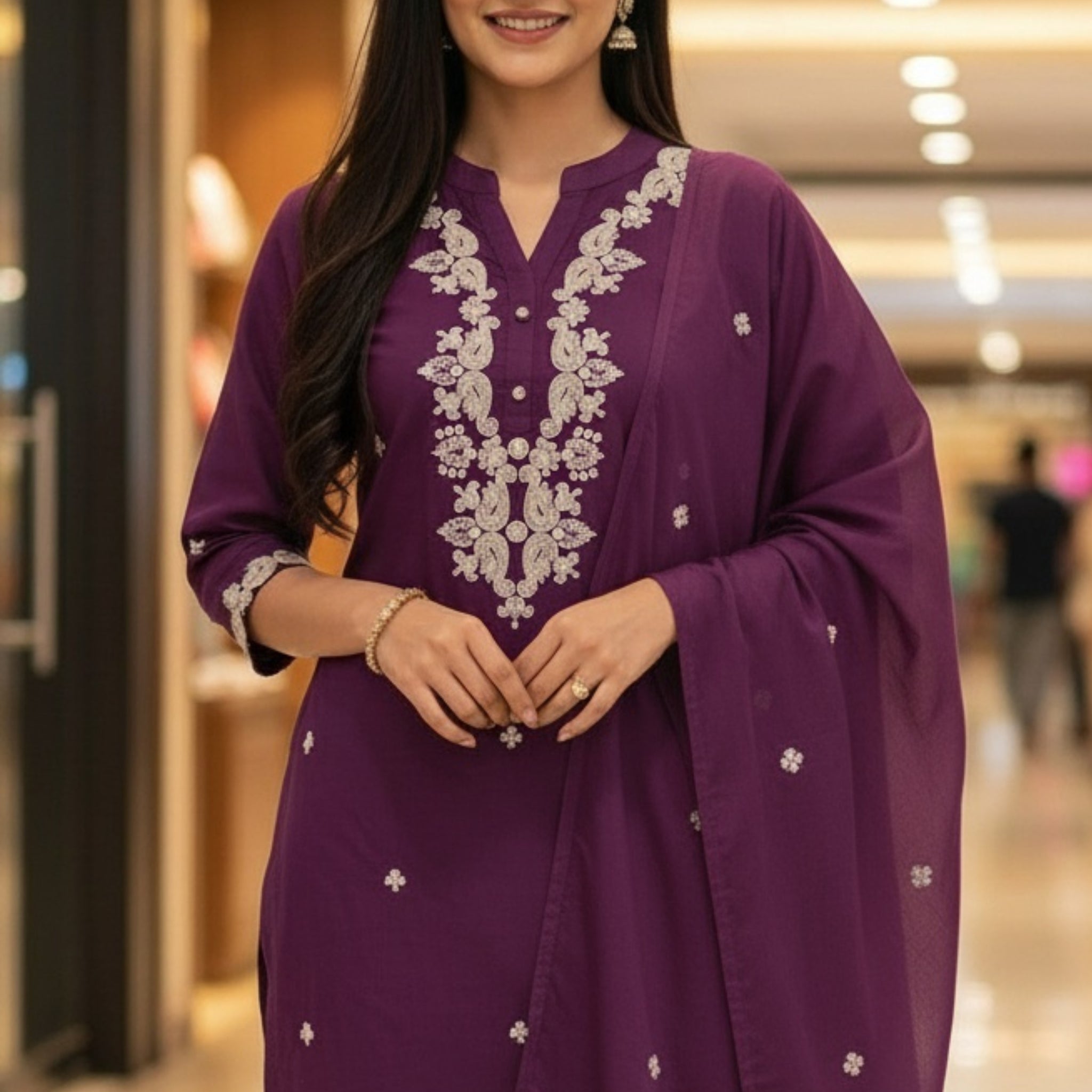 Majestic Wine Kurta Pant Dupatta Set with Fine White Threadwork