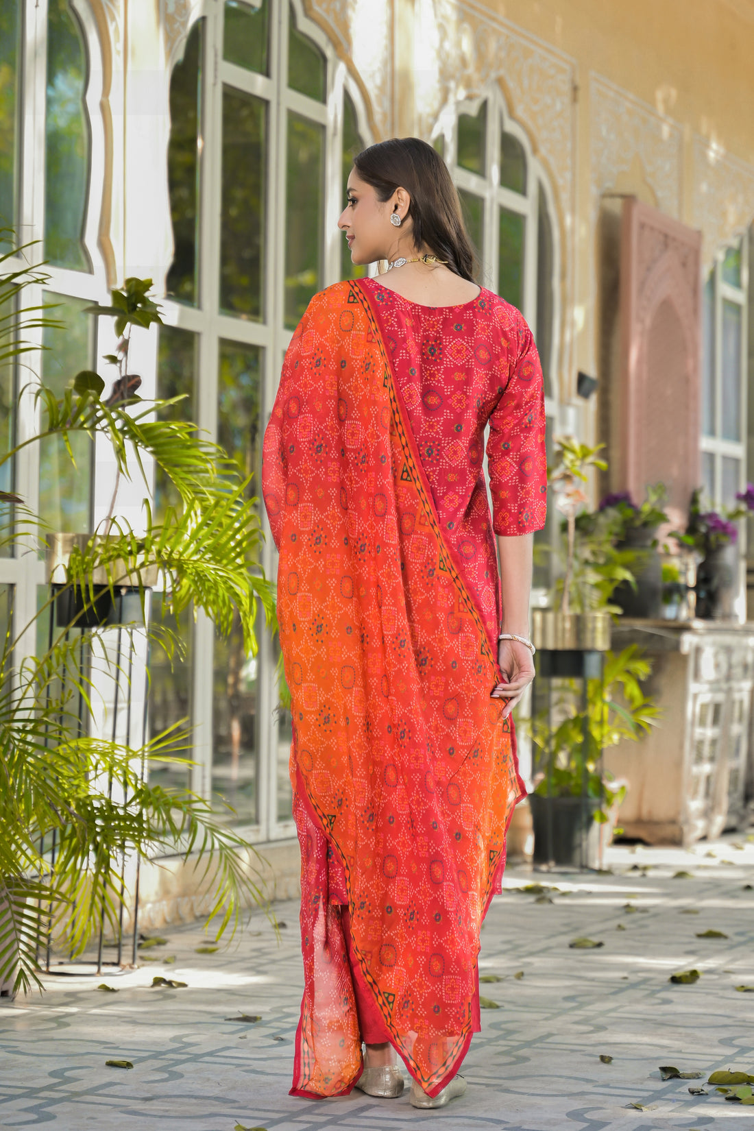 Red & Orange Kurta Set with Zari & Mirror Embroidery