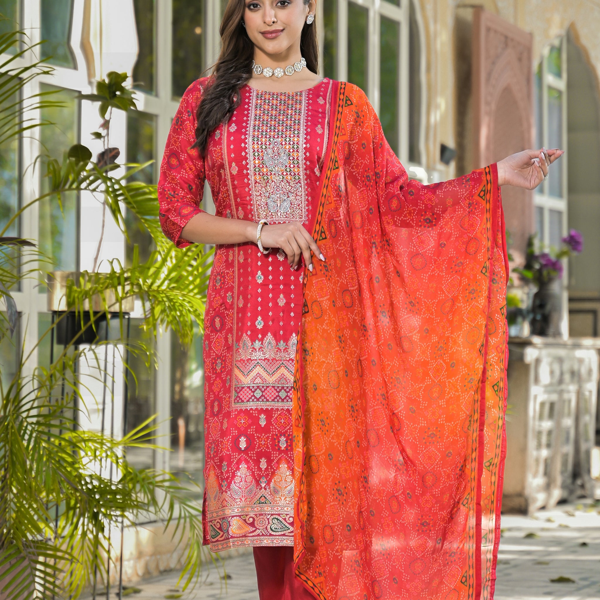 Red & Orange Kurta Set with Zari & Mirror Embroidery