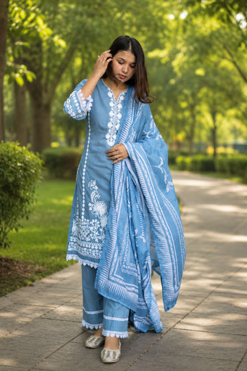Women's Blue Embroidered Straight Kurta Set