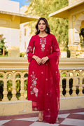 Magenta Bloom Floral Embroidered Suit Set on a mannequin, featuring intricate pink and green embroidery on a vibrant magenta