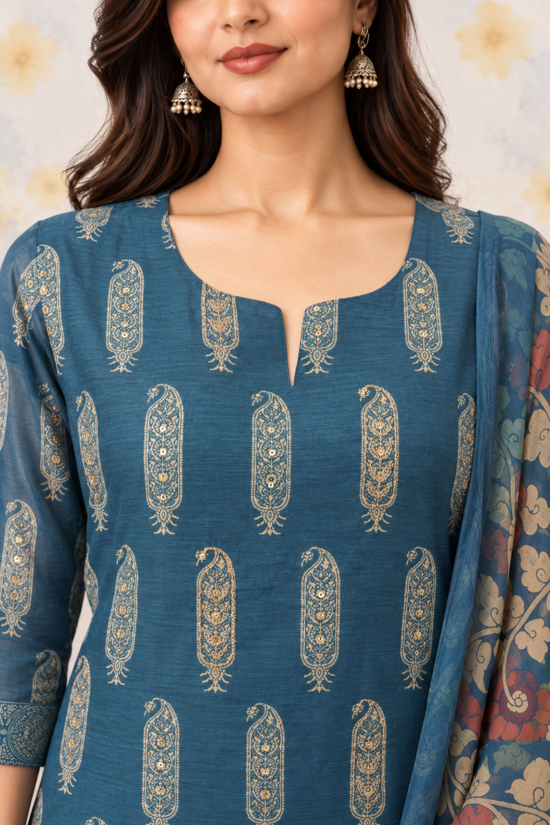 Blue Chanderi Fabric Block Print Kurta Set with Bottom & Dupatta