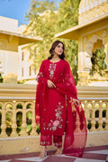 Magenta Bloom floral embroidered suit set on a mannequin, showcasing intricate pink and green floral embroidery.
