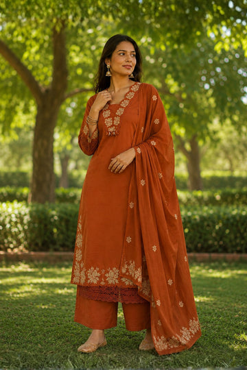 Women's Rust Floral Embroidered Straight Kurta