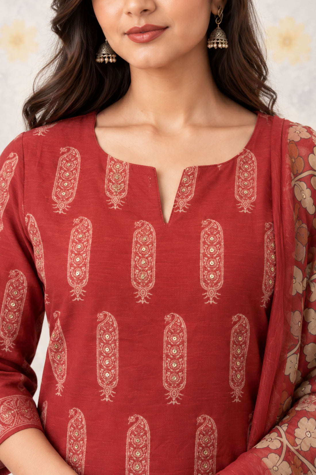 Red Chanderi Fabric Block Print Kurta Set with Bottom & Dupatta