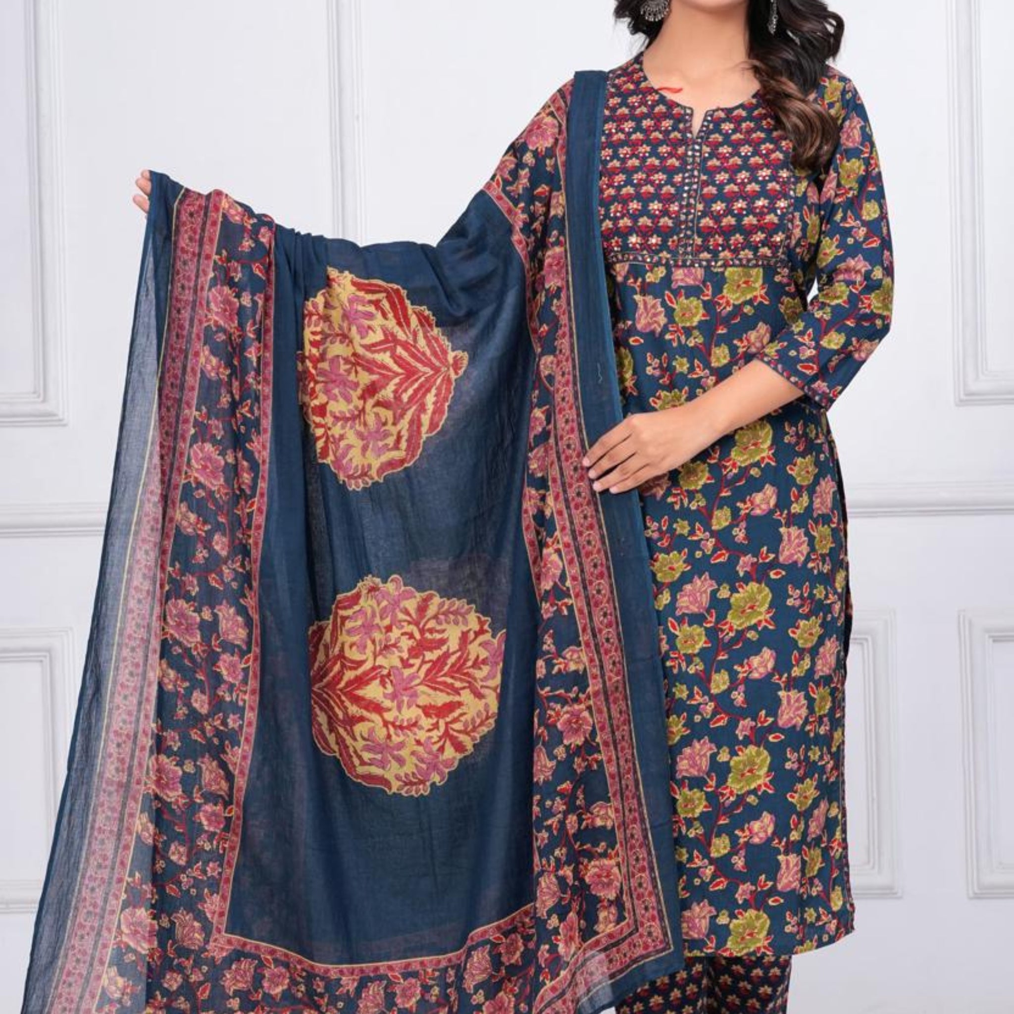 Artisanal Blue with multi color Floral Kurta Pant Set with printed Dupatta