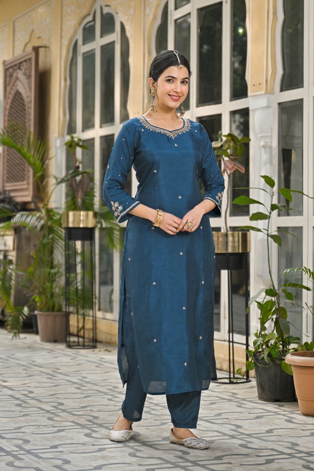 Premium Navy Blue Ethnic Suit Set with Golden Zari Embroidery