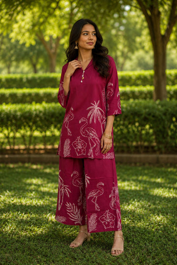 Women's Maroon Tropical Flamingo Printed Co-Ord Set
