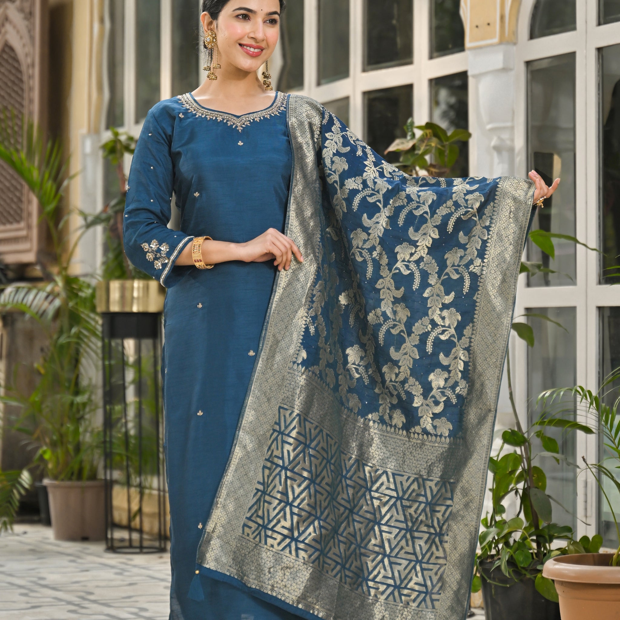 Premium Navy Blue Ethnic Suit Set with Golden Zari Embroidery