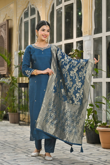 Premium Navy Blue Ethnic Suit Set with Golden Zari Embroidery