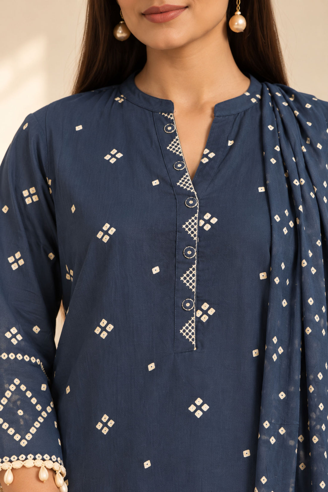 Navy Blue Cotton Bandhani Printed Straight Kurta with Farshi Salwar & Dupatta