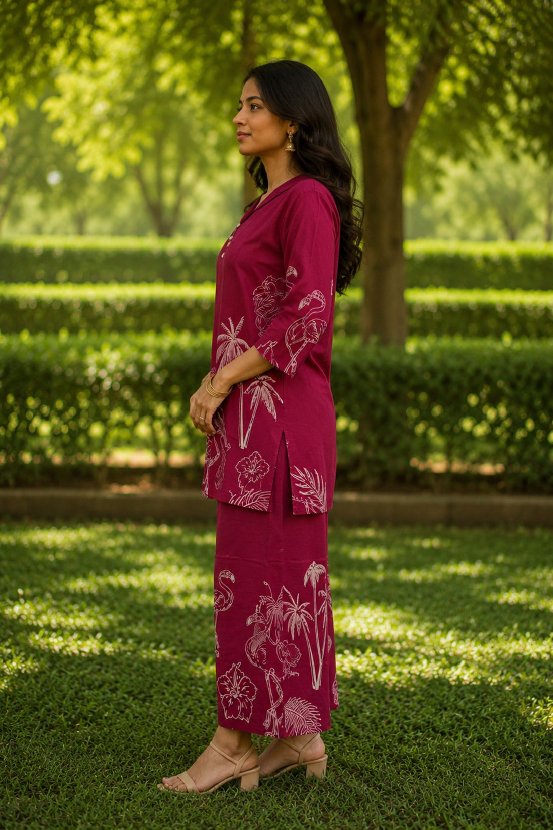 Women's Maroon Tropical Flamingo Printed Co-Ord Set