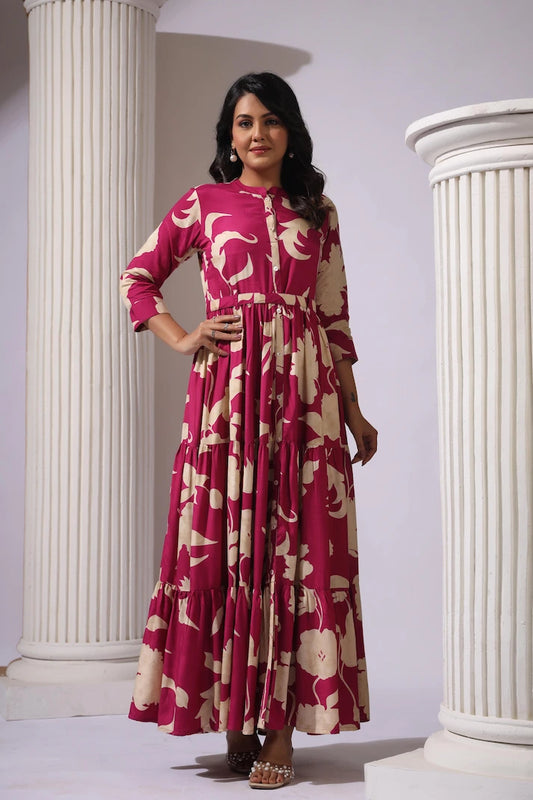 Wine Tiered Digital Print Dress with Belt