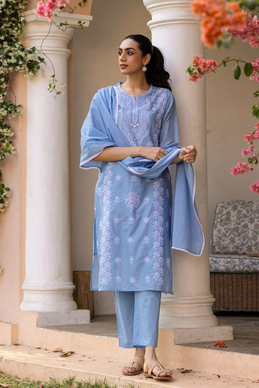 Azure Bloom Chikankari Suit Set