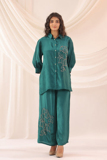 Women's Rama Green Embroidered Shirt & Wide Leg Palazzo Co-Ord Set