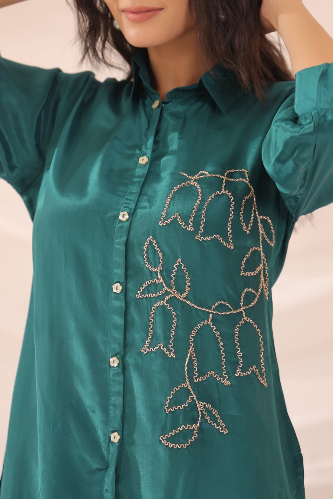 Women's Rama Green Embroidered Shirt & Wide Leg Palazzo Co-Ord Set