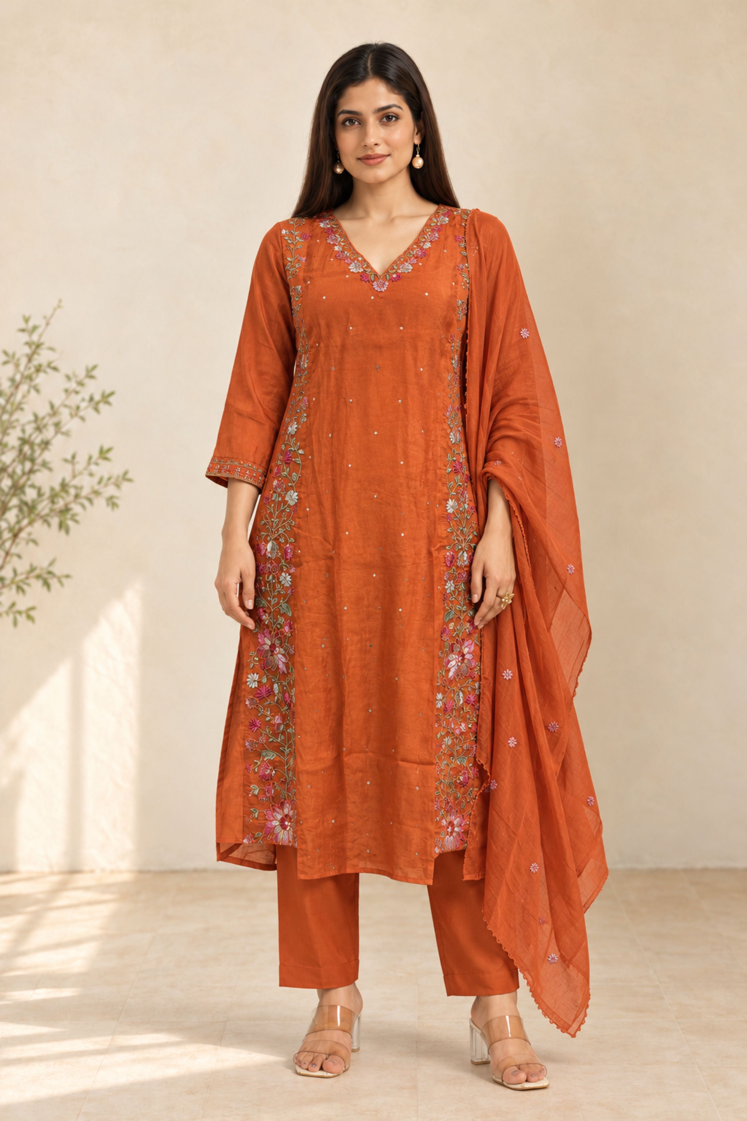 Rust Modal Fabric with Floral Embroidered Straight Kurta with Bottom ...