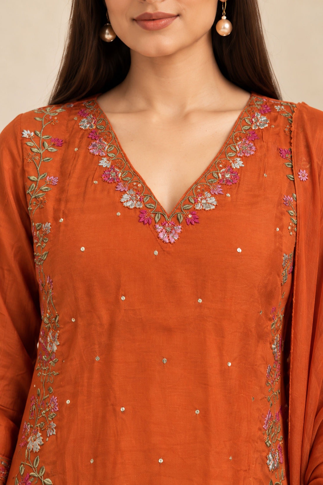 Rust Modal Fabric with Floral Embroidered Straight Kurta with Bottom & Dupatta