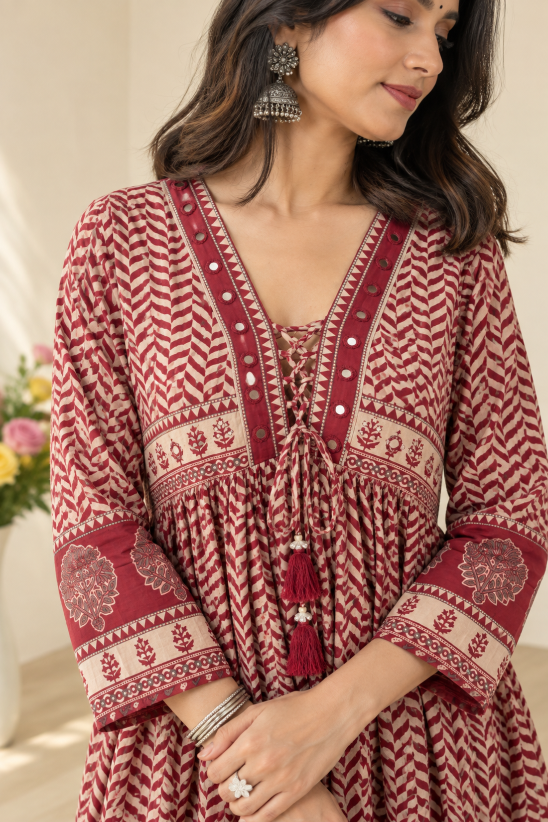 Maroon color with cotton fabric  Geometric Printed V-Neck Anarkali Kurta with Straight Pant With Dupatta