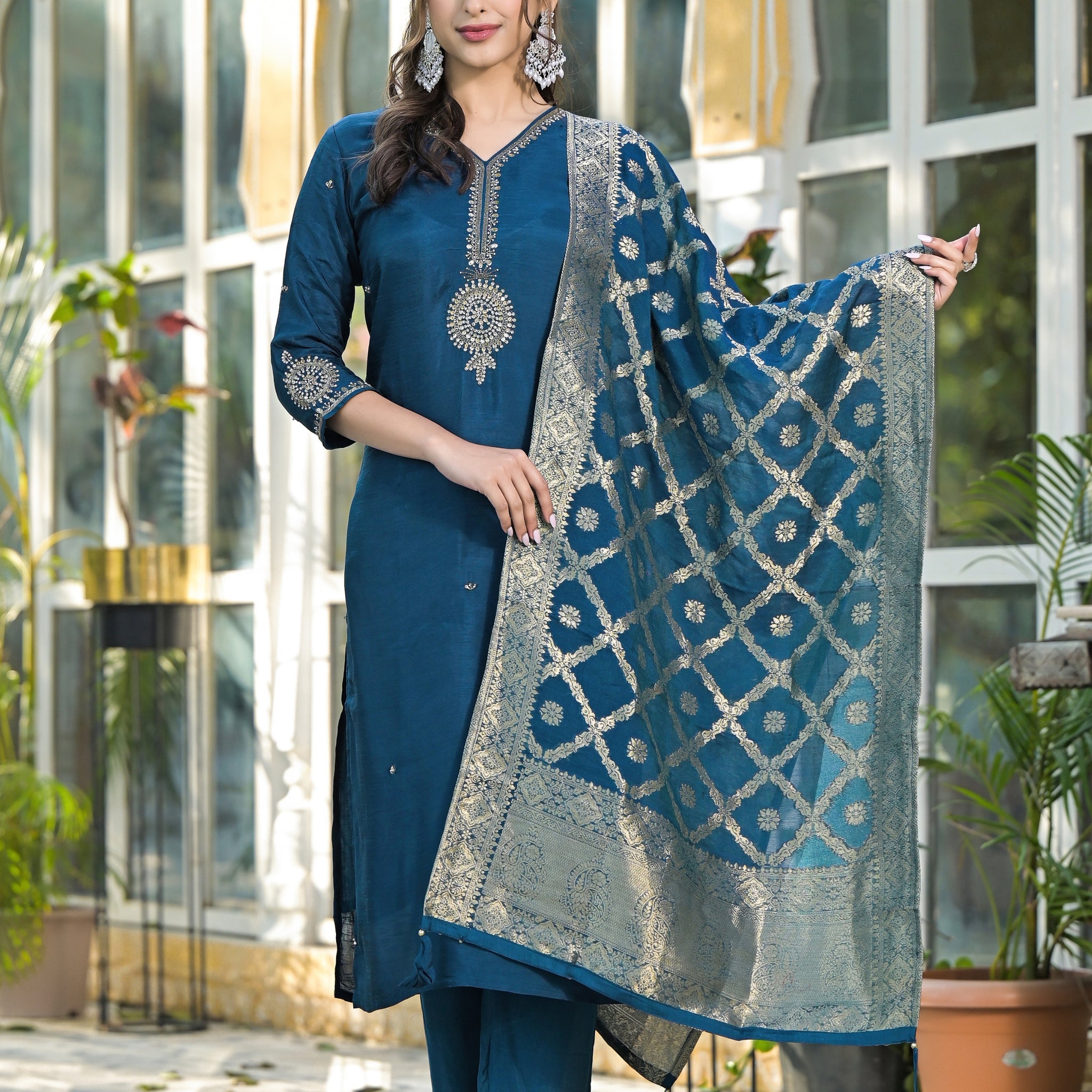 Navy Blue Ethnic Suit Set with Exquisite Golden Zari Embroidery