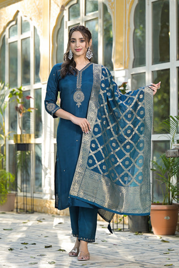 Navy Blue Ethnic Suit Set with Exquisite Golden Zari Embroidery