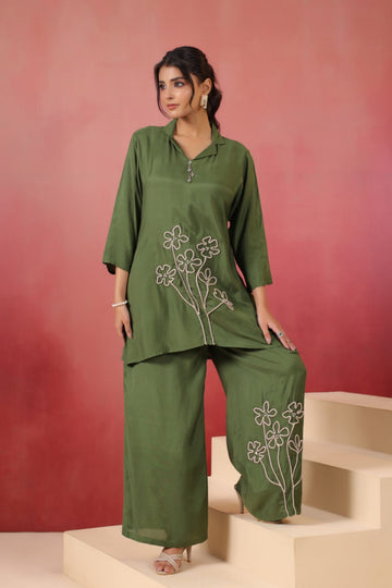 Women's Olive Green Embroidered Co-Ord Set