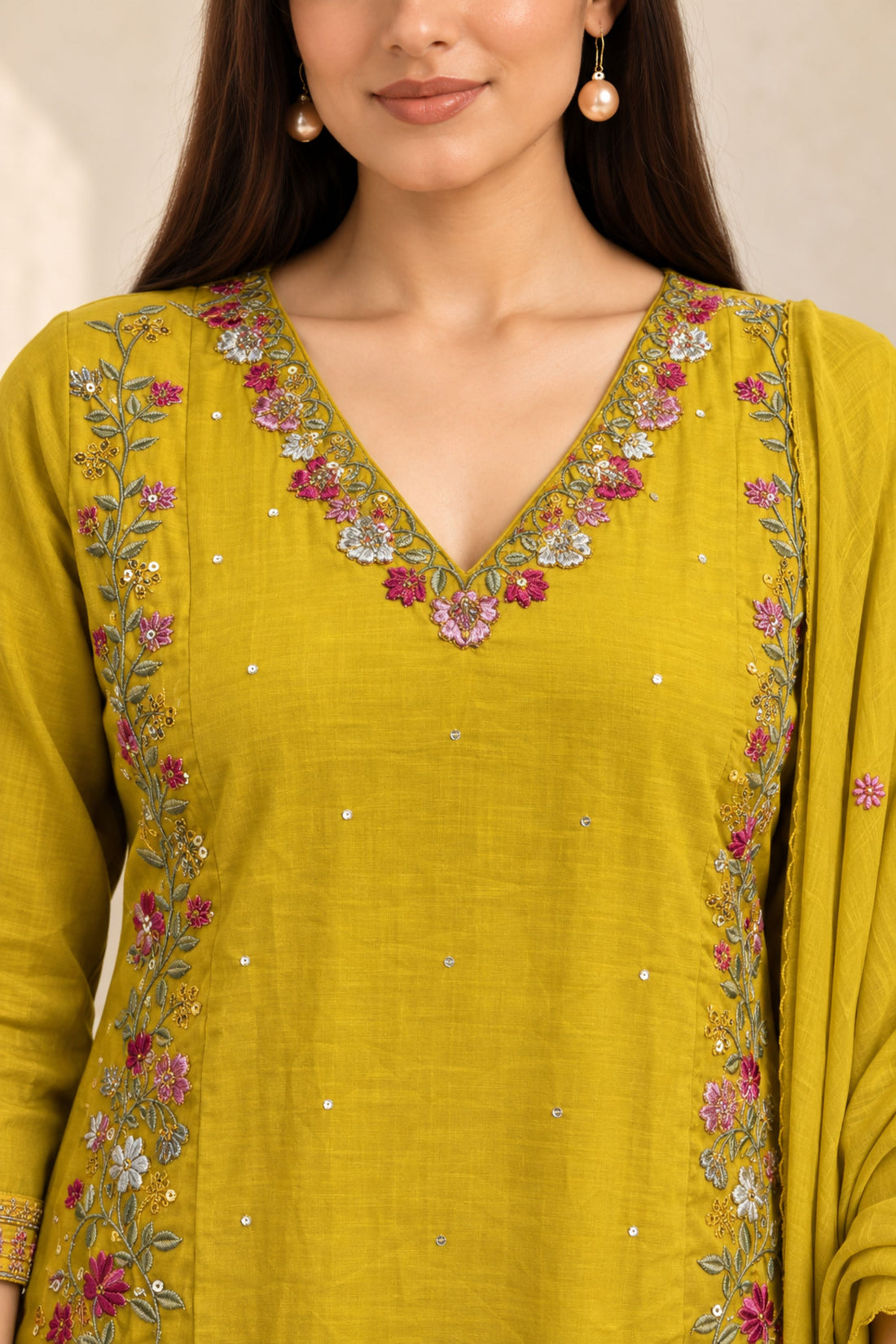 Yellow Modal Fabric with Floral Embroidered Straight Kurta with Bottom & Dupatta