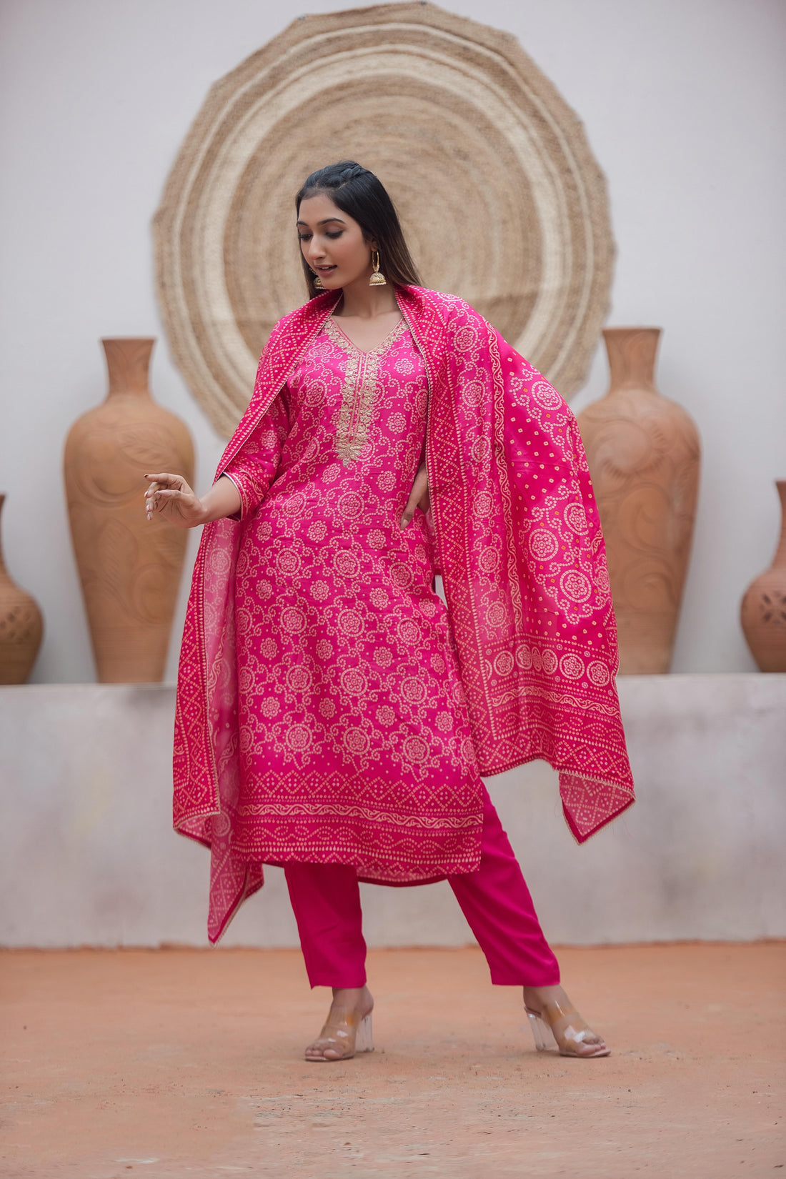 Hot Pink Festive Kurta Set with Intricate Zari Embroidery and Printed Dupatta
