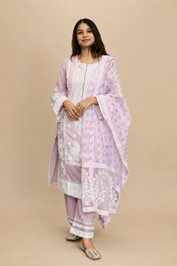 Women's Purple Embriodered Dual-tone Kurta set with Organza Dupatta