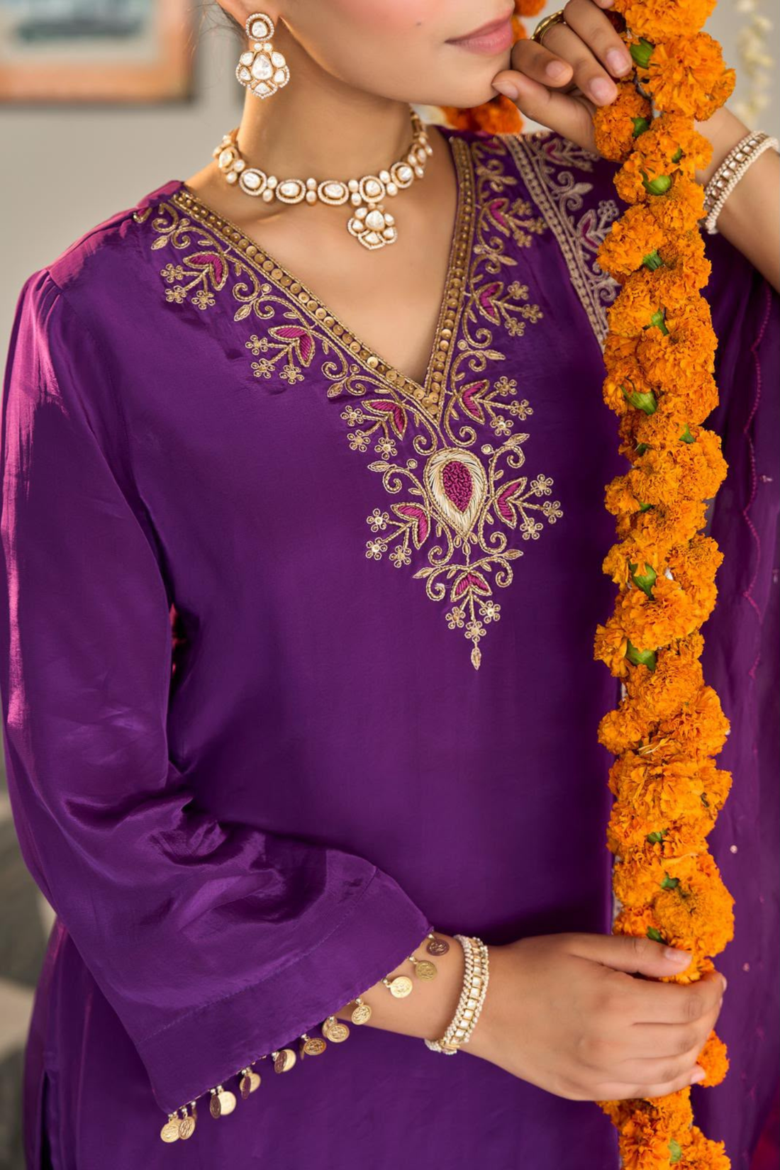 Purple with Crepe fabric Embroidered Kurta with Farshi Salwar & Dupatta