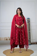 Wine Floral Embroidered Suit Set with intricate floral embroidery on a rich wine-colored fabric.