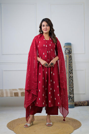 Wine Floral Embroidered Suit Set with intricate floral embroidery on a rich wine-colored fabric.