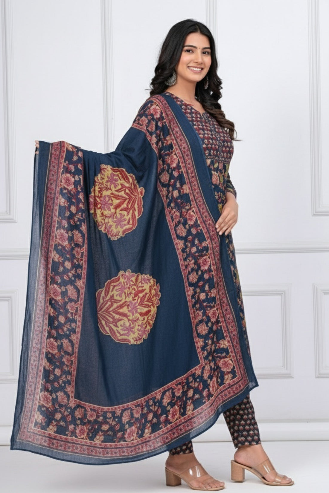 Artisanal Blue with multi color Floral Kurta Pant Set with printed Dupatta